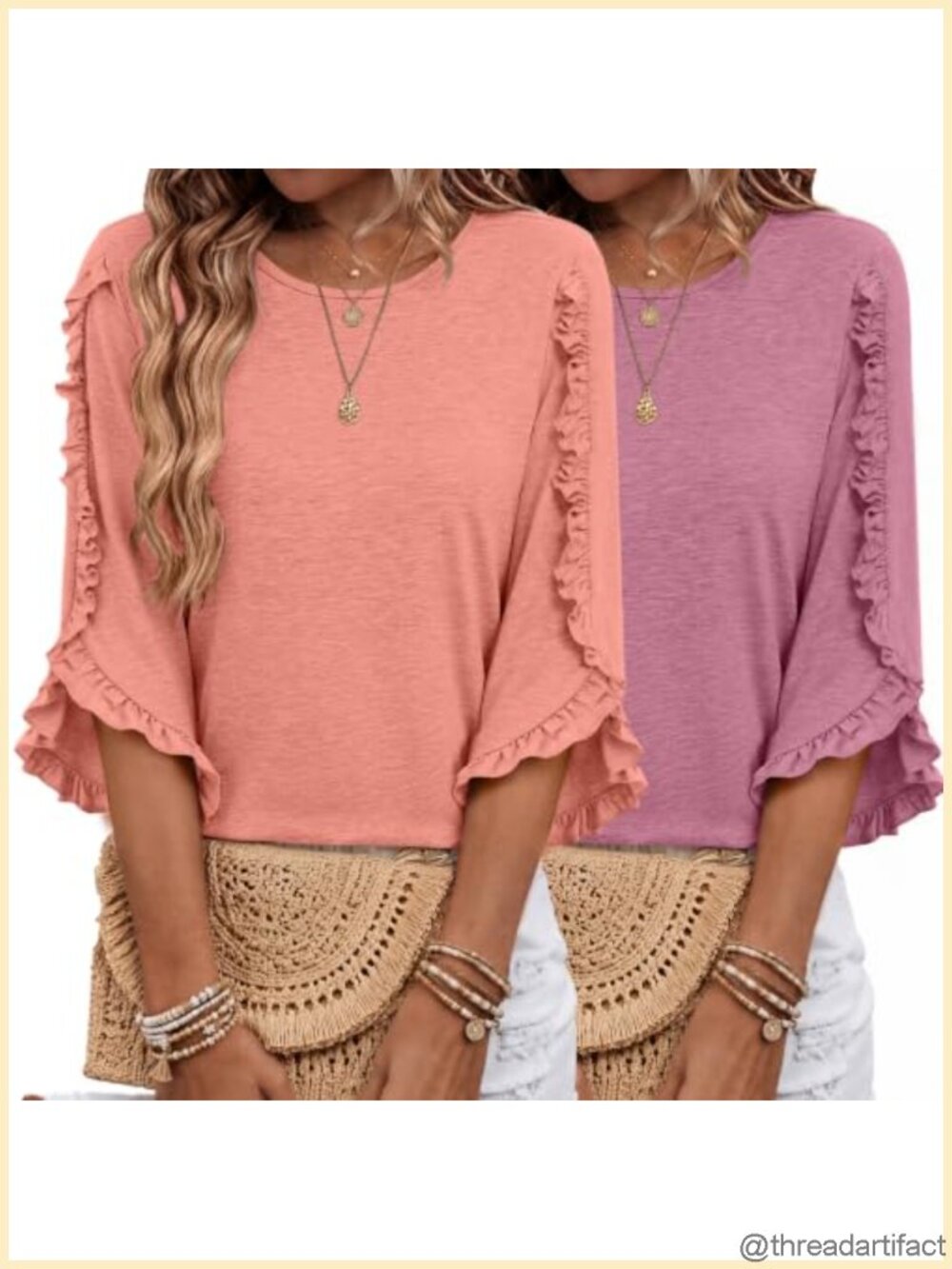 2 Pack Womens 3/4 Sleeve Ruffle Tops Crewneck Blouses